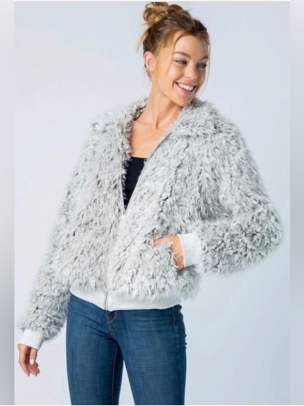 Shaggy Faux Fur Teddy Jacket - Light Gray
